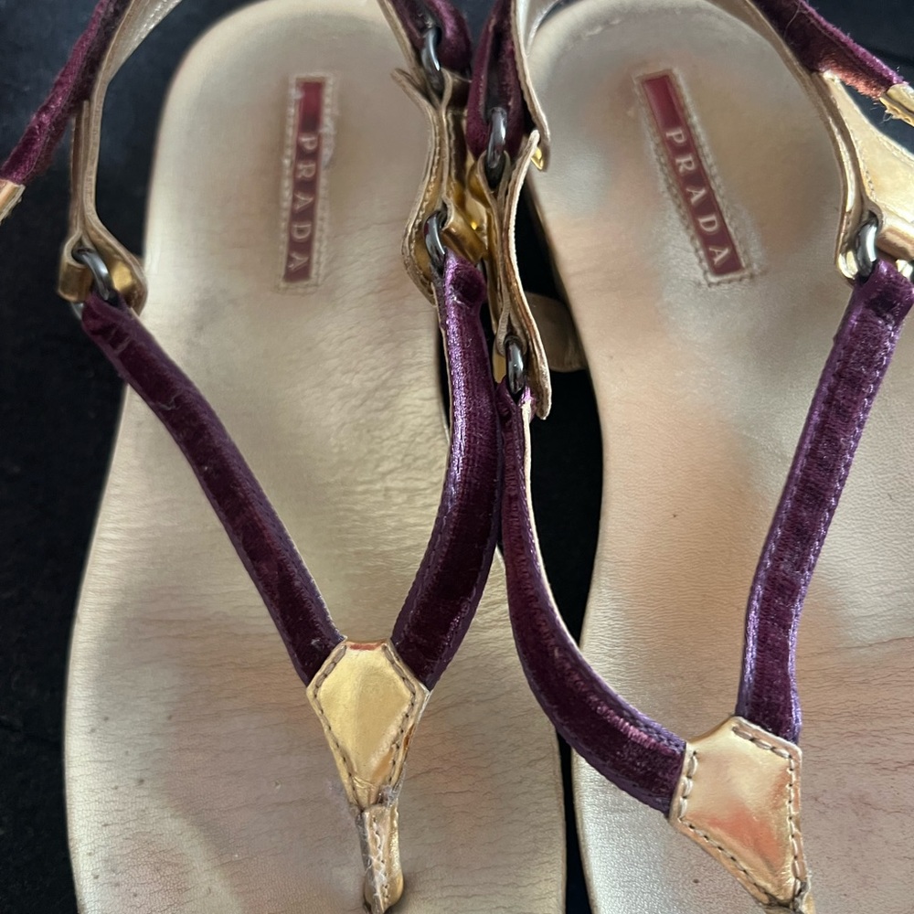 Prada Women's Velvet Purple and Gold Sandals